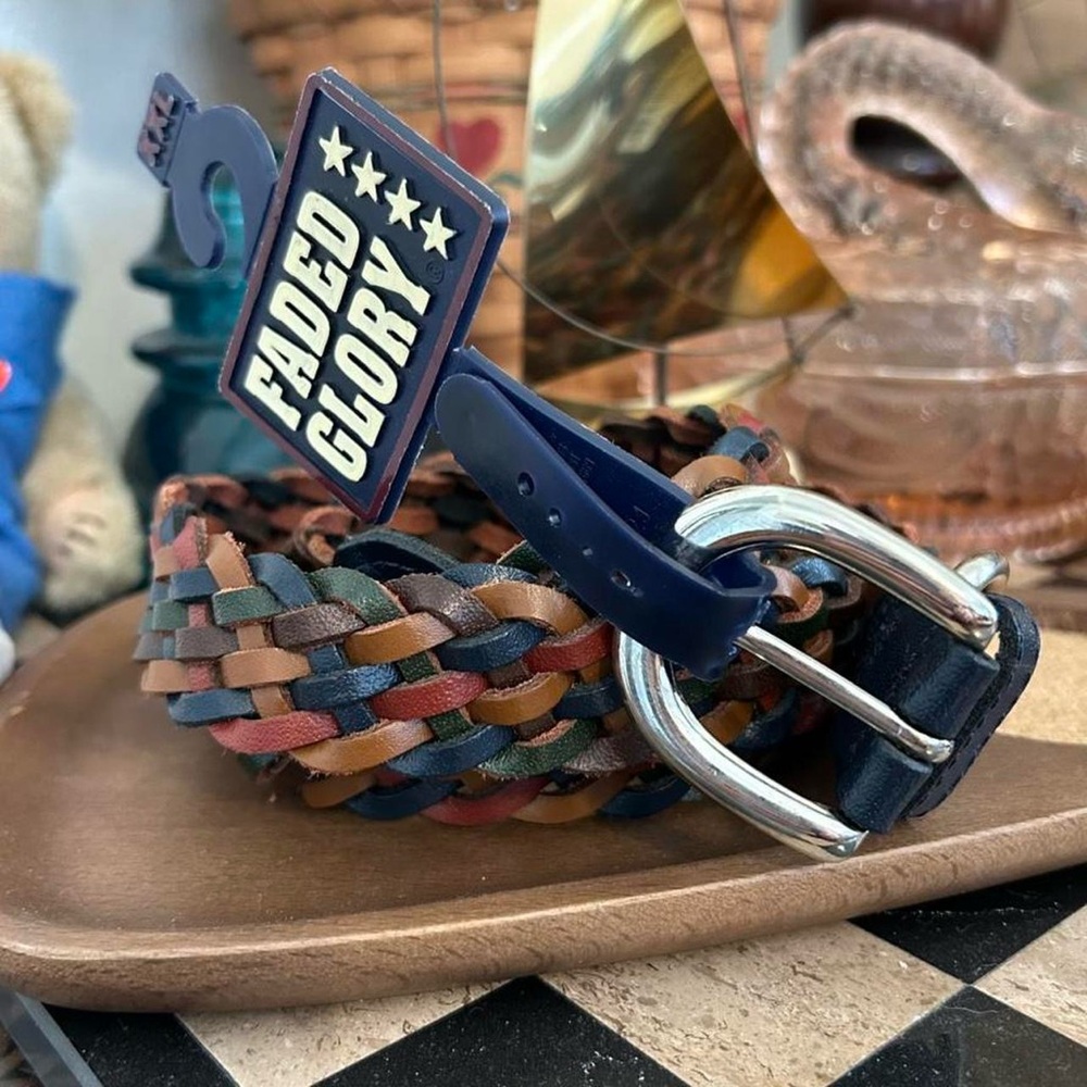Brown + Navy Blue Skinny Braided Leather Belt w Silver Hardware from Faded Glory